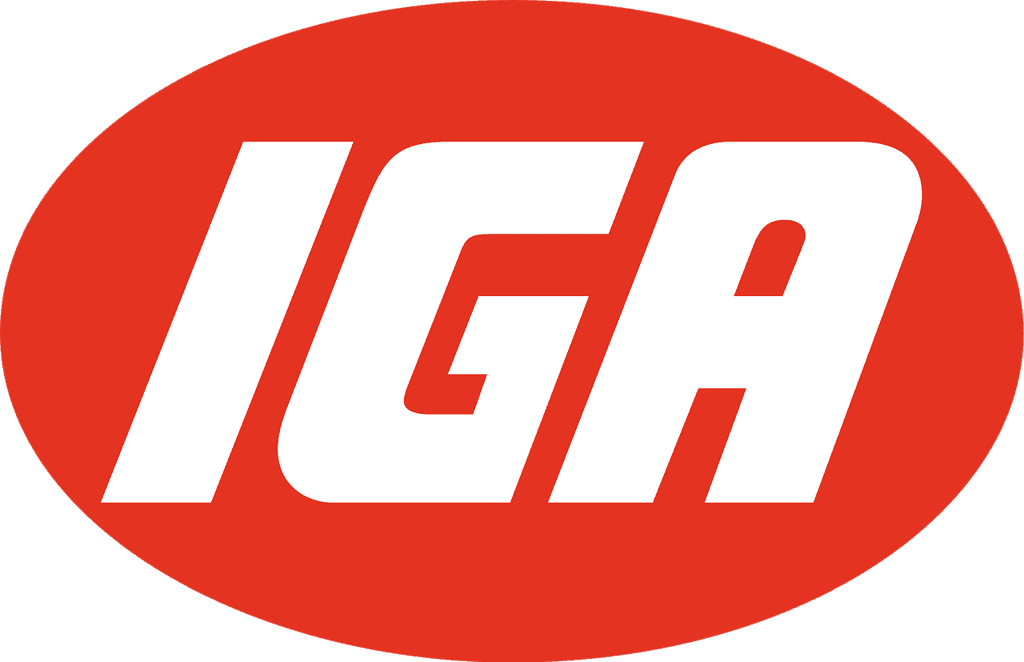 Logo IGA en lettres blanches sur fond ovale rouge