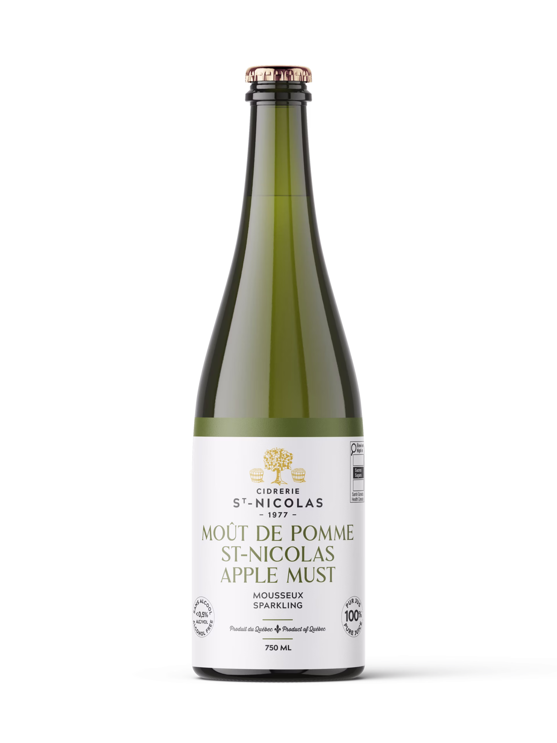 Bouteille de Moût de Pomme St-Nicolas mousseux sans alcool de la Cidrerie St-Nicolas, produit au Québec