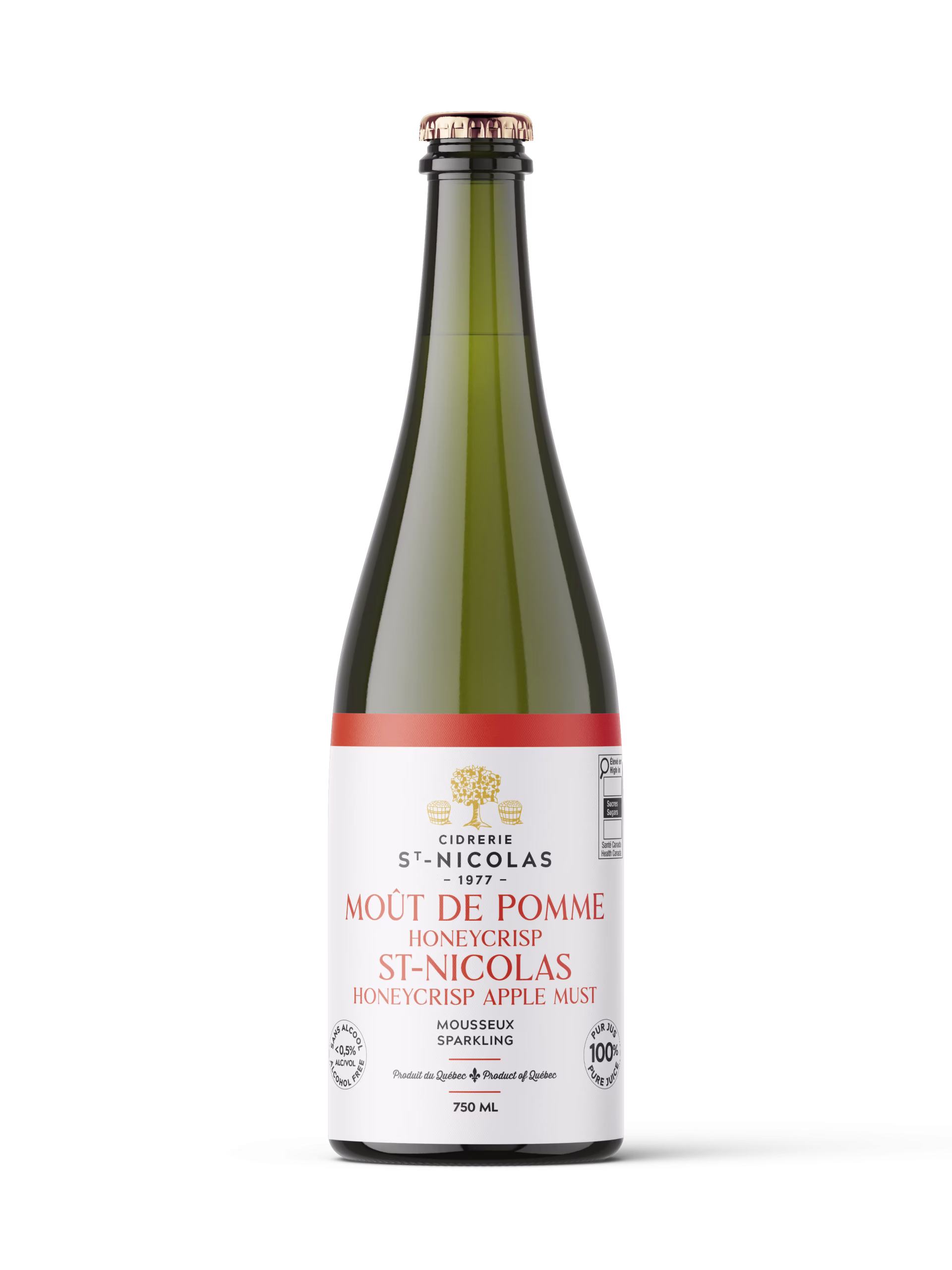 Bouteille de moût de pomme pétillant Honeycrisp St-Nicolas, produit au Québec, sans alcool, 750 ml