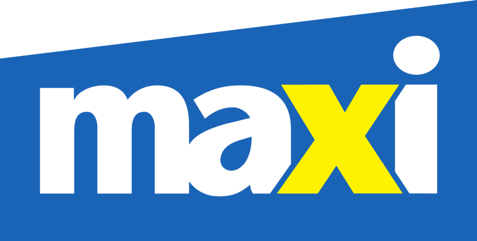 Logo avec le mot maxi en lettres blanches et jaunes sur fond bleu