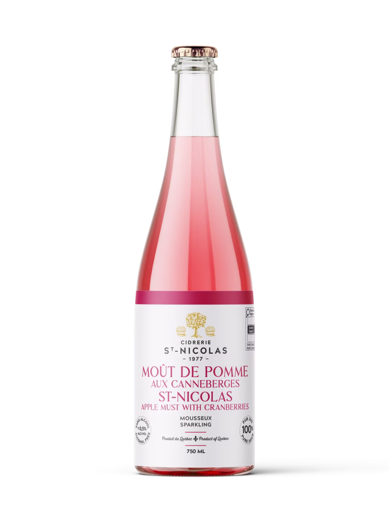 Bouteille de moût de pomme aux canneberges mousseux sans alcool de la Cidrerie St-Nicolas
