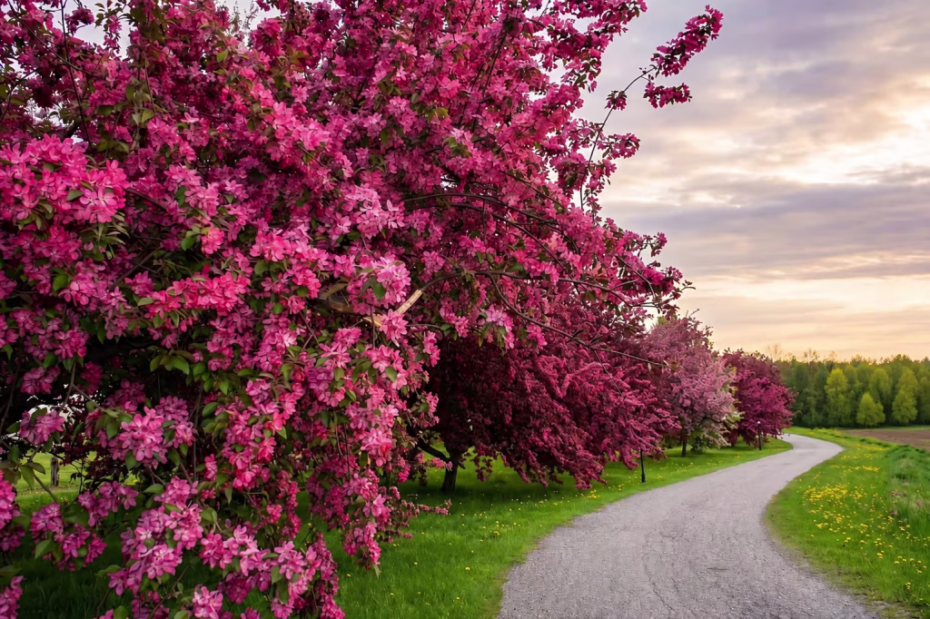 Arbres en fleurs roses le long d'un sentier sinueux dans un paysage verdoyant au coucher du soleil