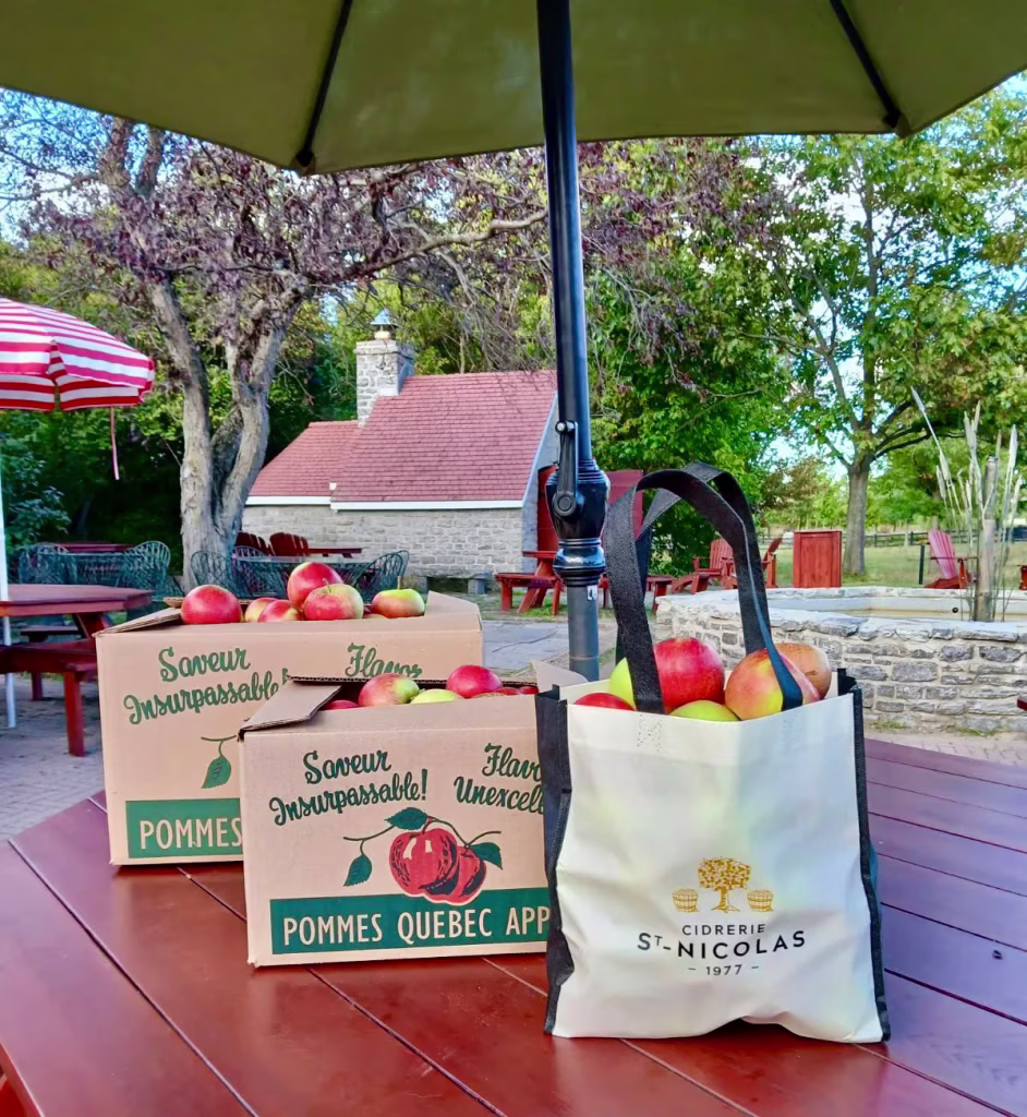 Deux boîtes de pommes du Québec et un sac réutilisable rempli de pommes sous un parasol extérieur à la Cidrerie St-Nicolas